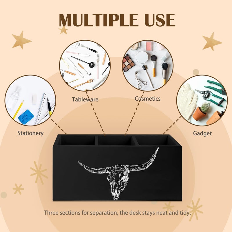 KBRCT Western Cow Skull Wooden Utensils Holder, Black Desert Cow Bull Horn Skull Wood Cooking Utensil Holder Organizer for Kitchen Countertop Counter Decor Accessories - Image 4